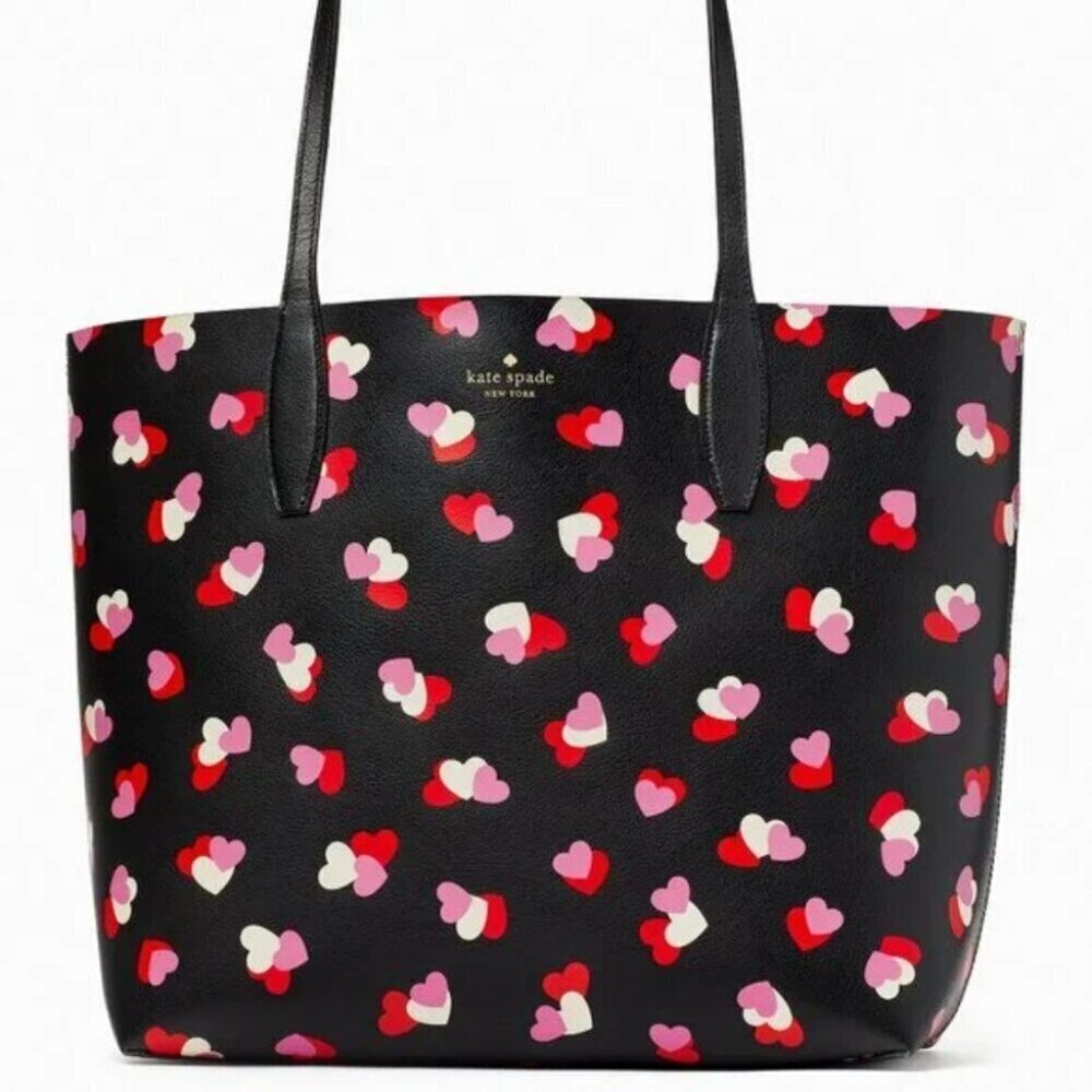 Kate Spade Reversible Flutter Hearts Large Tote Bag Purse Black Red Pink - Picture 2 of 8